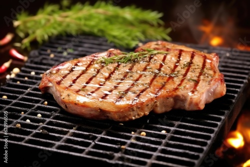 grilled pork chop with grill marks on a slate slab