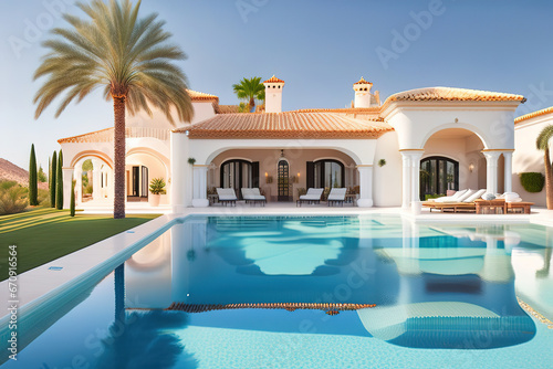 Mediterranean white villa with palm trees and pool  Ai generated