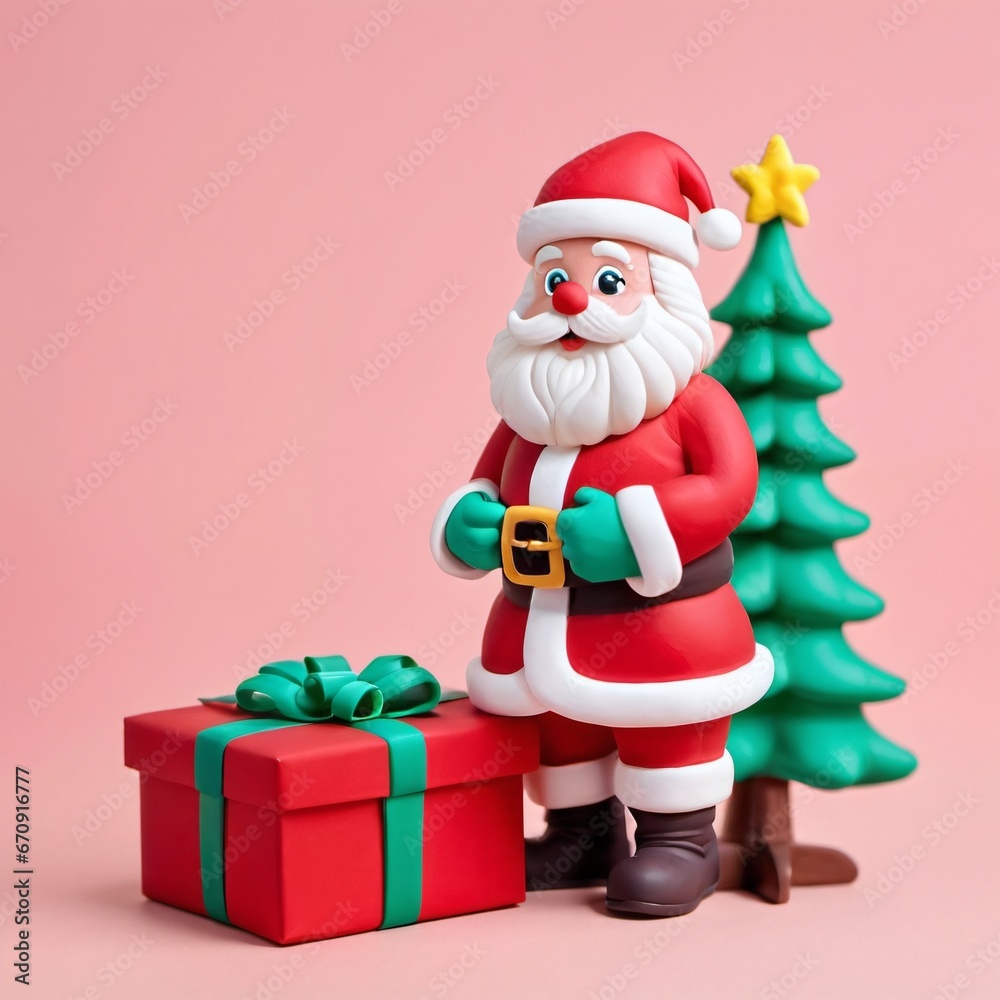 Happy Santa Clause standing beside gift box and Christmas tree Happy Santa Clause standing beside gift box and Christmas tree
