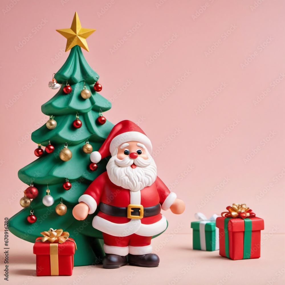 Cute Santa Clause standing with gift boxes and decorated Christmas tree Cute Santa Clause standing with gift boxes and decorated Christmas tree