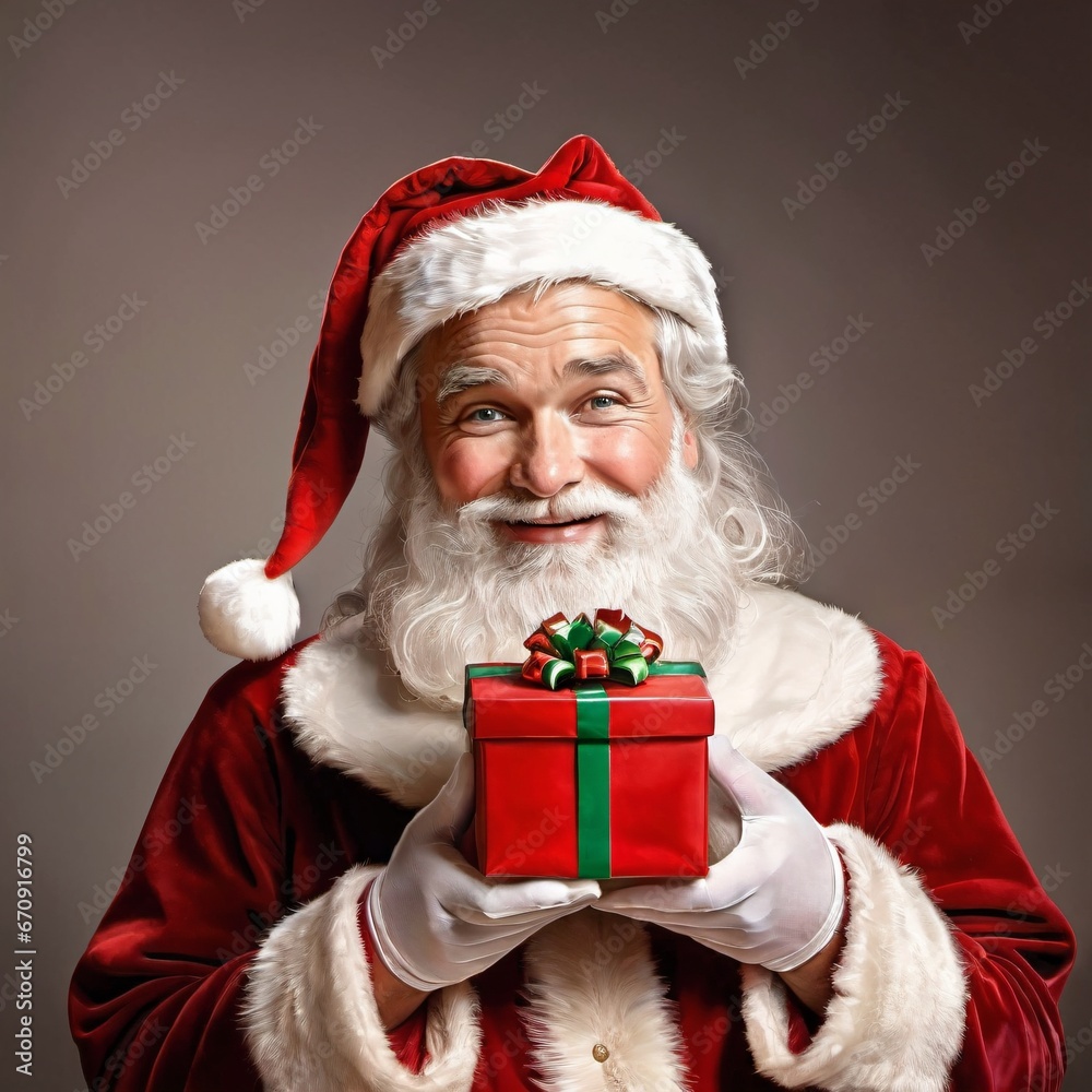 Photo of a happy Santa Claus with red gift box in hand Photo of a happy Santa Claus with red gift box in hand