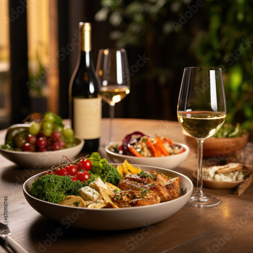 Close-up of a young adult enjoying dinner with white wine and organic vegetables at a restaurant. A healthy lifestyle choice.ai generative