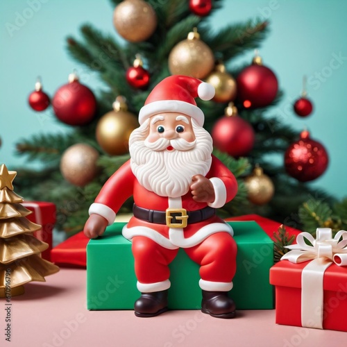 Cute little Santa Clause sitting on gift box with decorated Christmas tree behind
