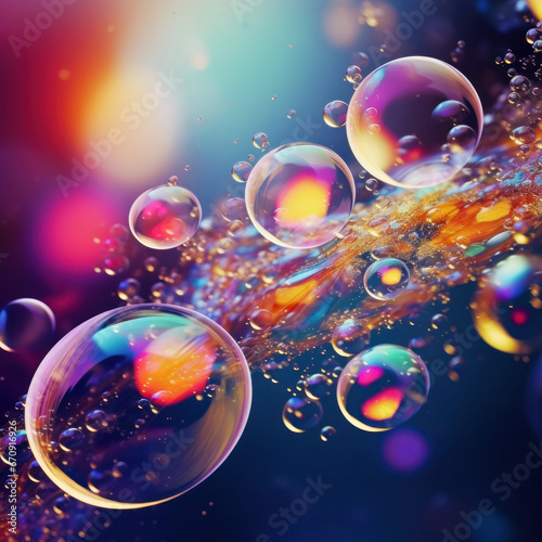 abstract flying bubbles on a colorful background. Generative AI