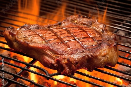 close-up of t-bone steak grilling on an open flame