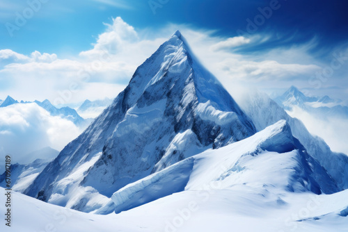 ajestic snowy mountain peak towering above the clouds, its pristine white slopes contrasting against the deep blue sky .Generative AI photo