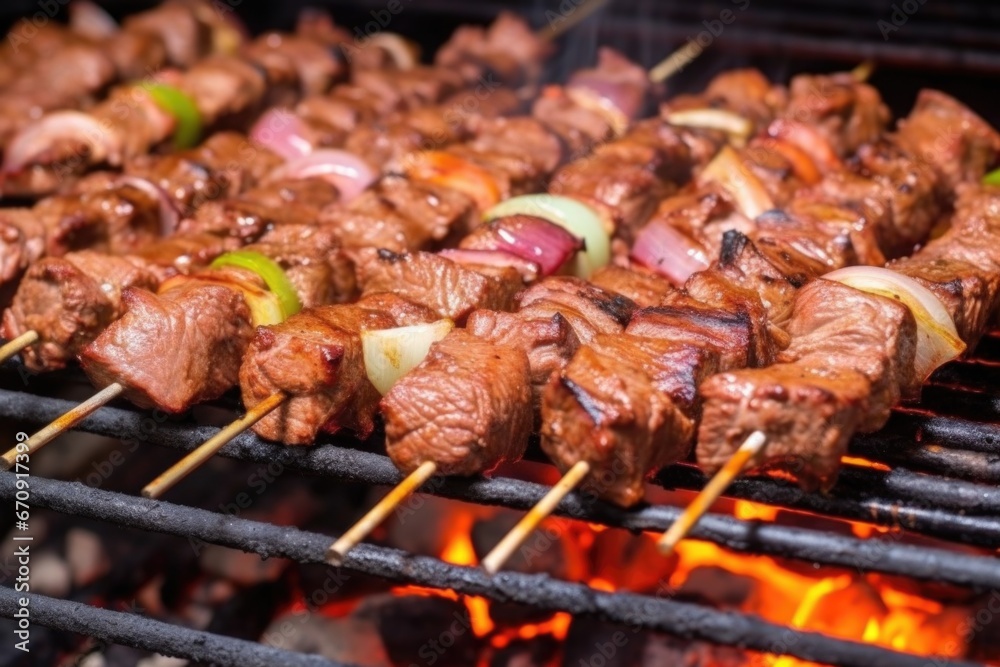 turning meat skewers on the grill with visible heat waves