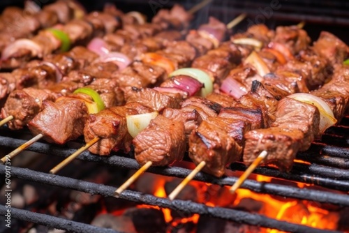 turning meat skewers on the grill with visible heat waves