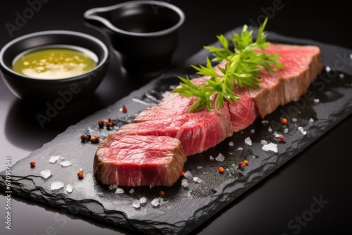 steak served with a dipping sauce on a black slate