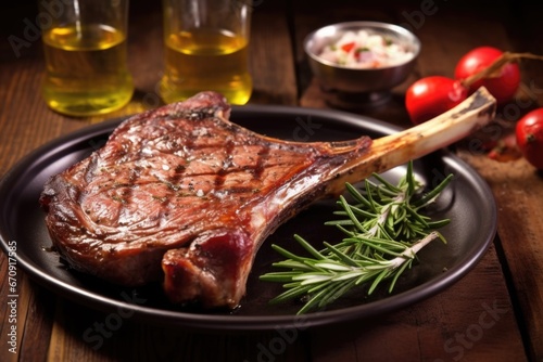 grilled tomahawk steak on an enamel dish with rosemary
