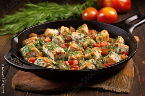 herb-marinated fish fillet in a cast iron pan