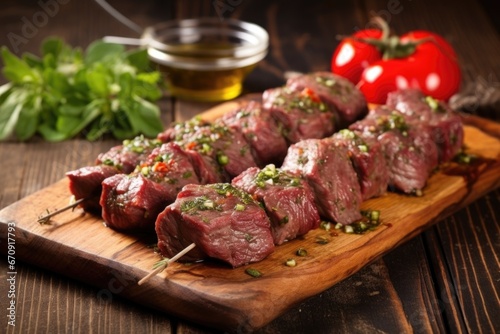 beef kebabs in herb marinade on a wooden platter