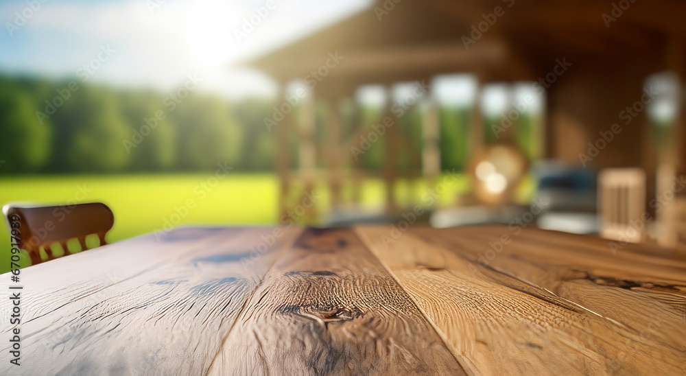 wooden table top, against the background of a wooden gazebo, outside the city, in summer