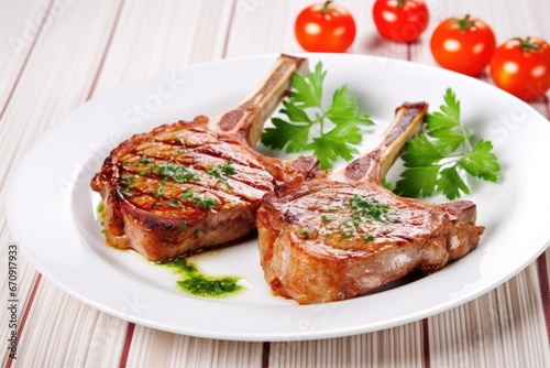 grilled veal chops on white porcelain plate garnished with parsley