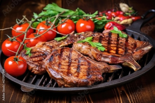 grilled veal chops with char marks on a metal plate