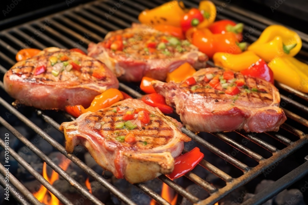 veal chops on a grill with red and yellow bell peppers