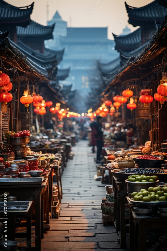 Bustling street market in Beijing, Generative A