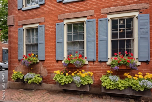 close-up of a brick saltbox house with flowering window boxes