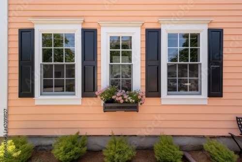 saltbox house with open decorative window shutters