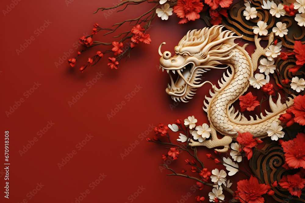 Vibrant Chinese New Year celebration card with a symbolic wooden dragon, vivid red floral decor, and space for text..... Vibrant Chinese New Year celebration card with a symbolic wooden dragon, vivid red floral decor, and space for text.....