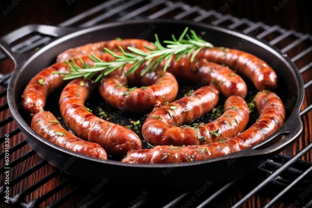 Fototapeta premium sausage links in grill pan with sprigs of thyme