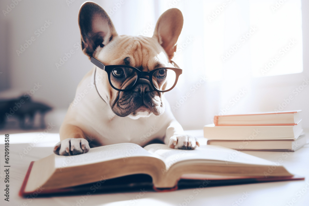 French Bulldog dog with reading glasses and book on table