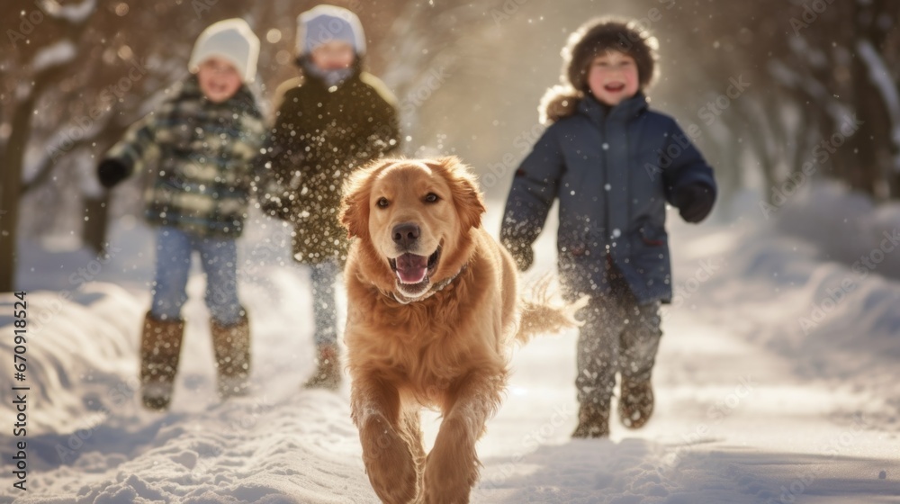 Children and golden dog joyfully playing in winter snow