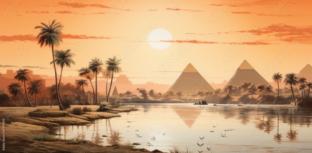 landscape view of the pyramids and the Nile river