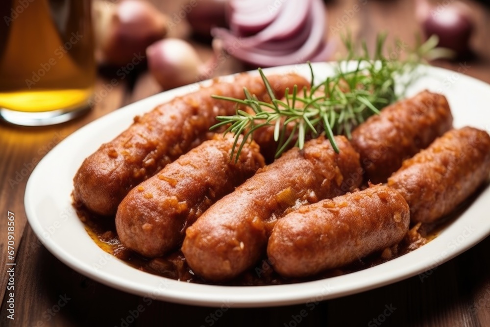 close-up of raw sausages coated in beer and onion mix