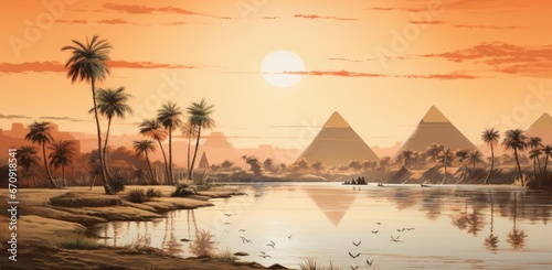 landscape view of the pyramids and the Nile river