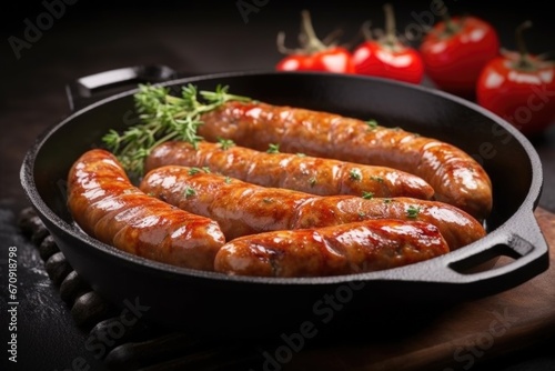 pork sausages side by side, sizzling in a skillet