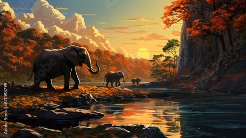 Illustration from Africa like elephants drinking at a waterhole and the sun setting in the background