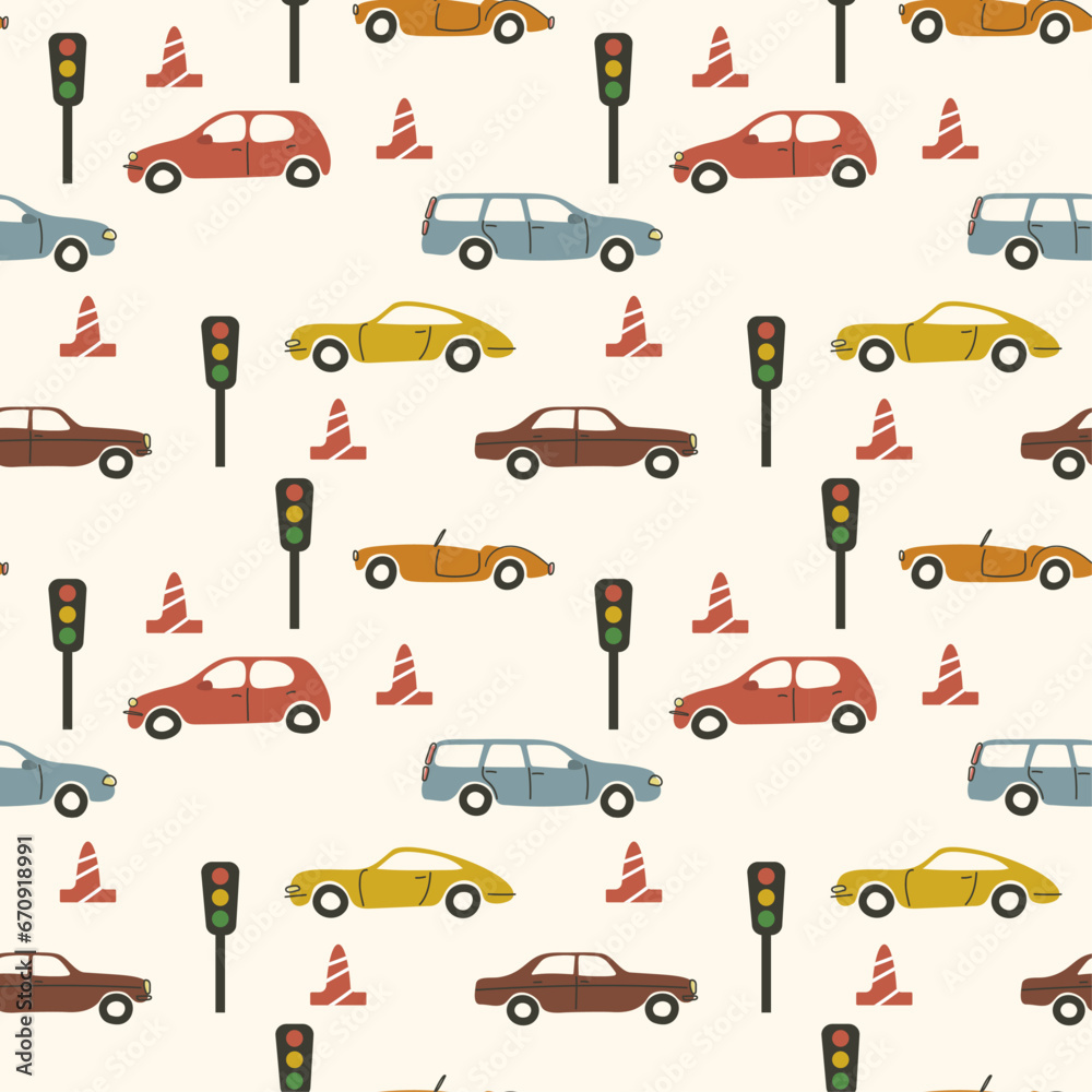 Seamless pattern with cute colorful cars