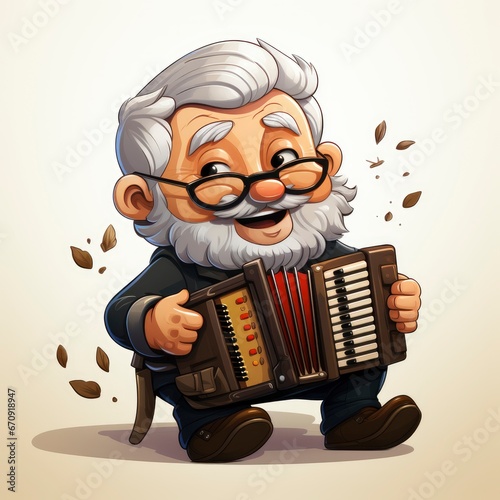 Cute Grandfather Playing Accordion , Cartoon, Icon Illustration
