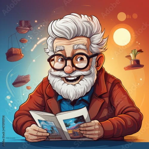 Wallpaper Mural Cute Grandfather Reading Newspaper , Cartoon, Icon Illustration Torontodigital.ca