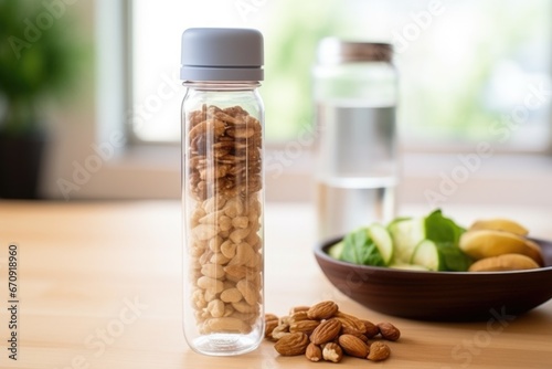 a detail of reusable water bottle besides a bowl of mixed nuts