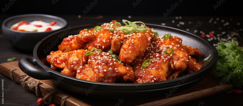 Korean style spicy sauce on fried chicken