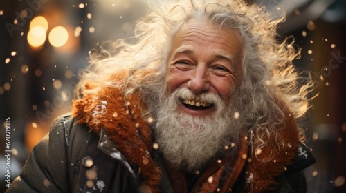 Elderly Man Radiates Joy Amidst Winter's Gentle Snowfall