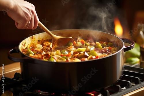 hand stirring a pot of gumbo with a wooden spoon photo