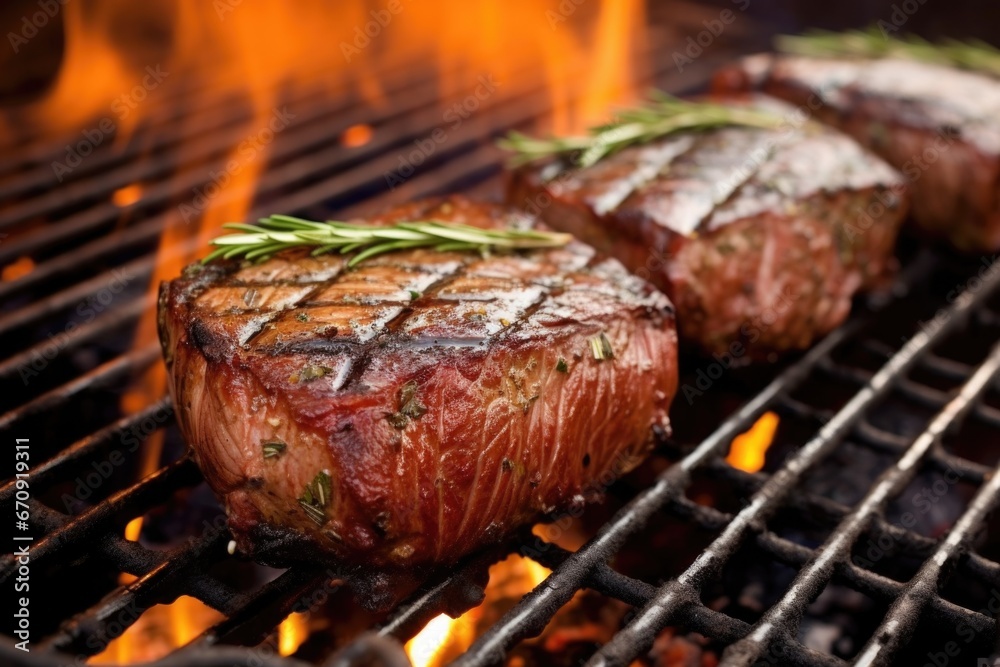close-up of steak sizzling on the grill close-up of steak sizzling on the grill