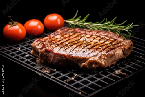 a thick ribeye steak with grill marks on a black background