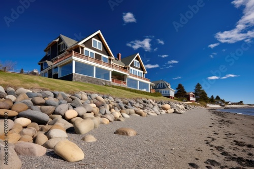 wide angle view of a shingle style beach house, blue sky above