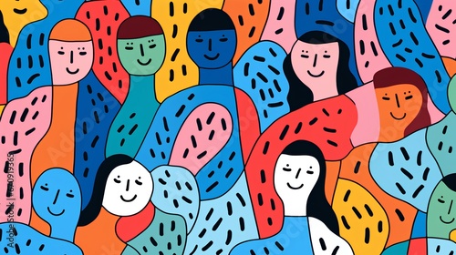 Abstract illustration, diverse group of people. Modern and simplistic art style, with each individual represented by a unique color, emphasizing diversity and inclusivity. photo