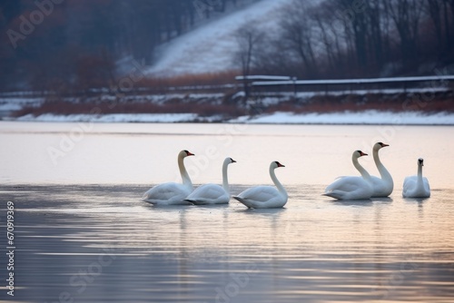 hooper swans floating in semi-frozen river