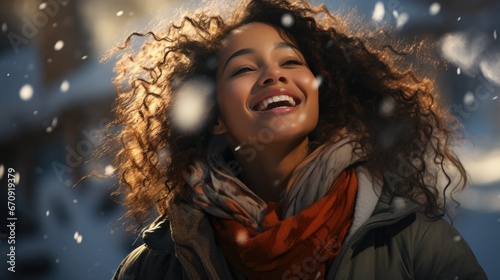 Joyful Young Woman Embracing Winter's Sunlit Snow and Breeze