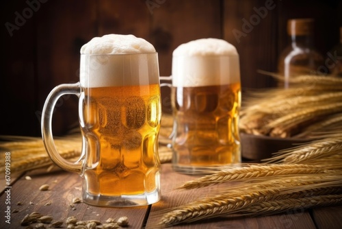close-up of frothy beer in glass tankards on wooden table