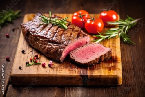 grilled steak on a wooden board