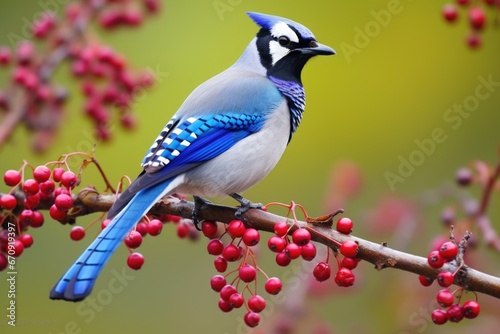 a blue jay perched on a berry-filled bush