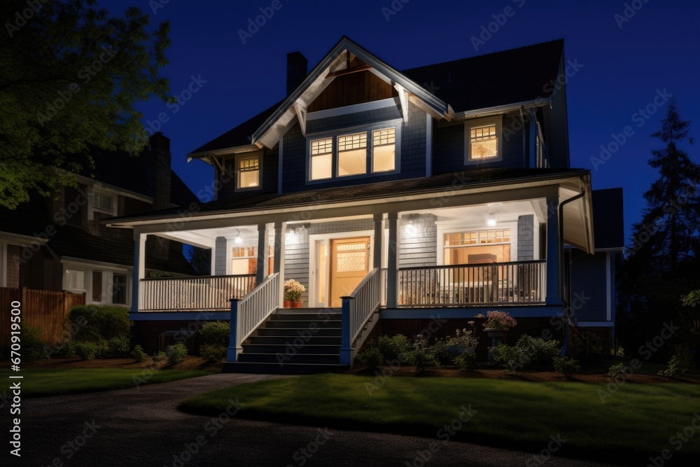 shingle style home softly illuminated by moonlight