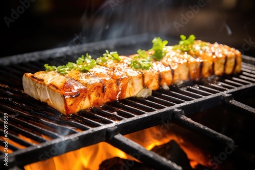 sizzling piece of tofu on a smoking grill